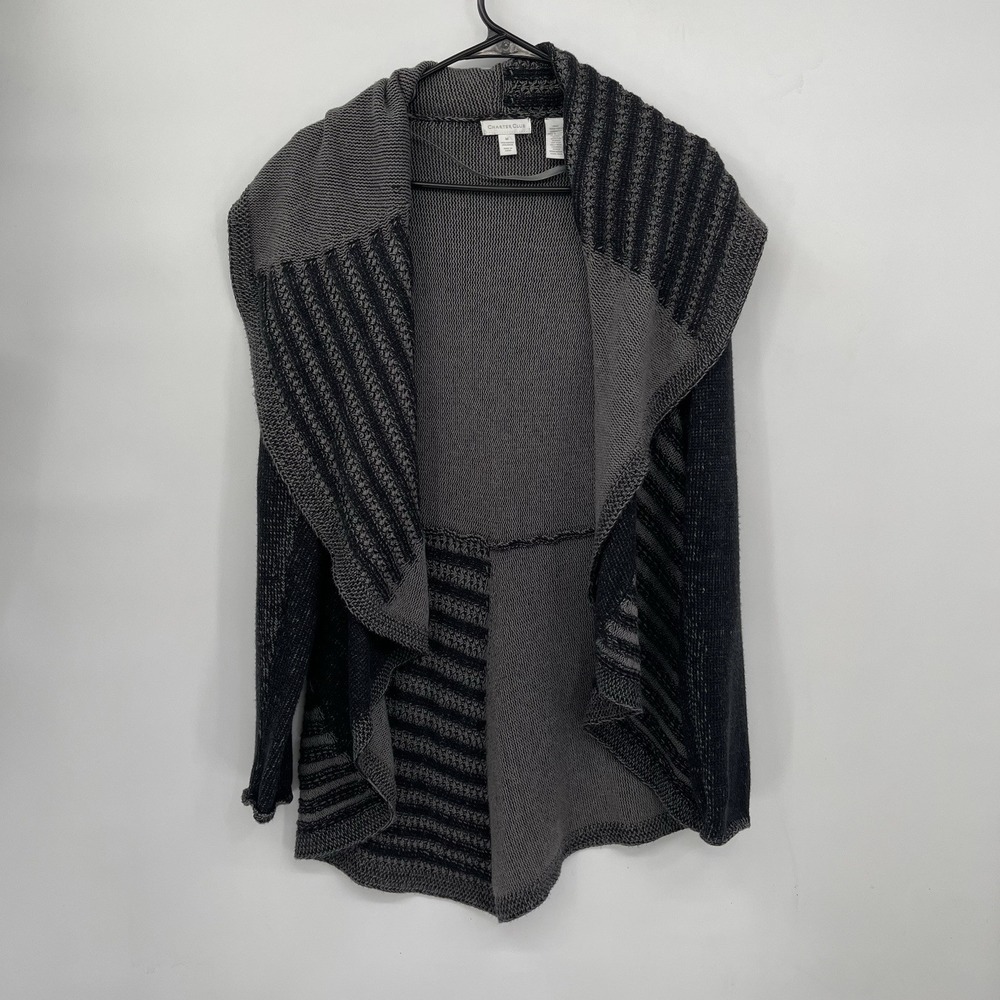 Charter Club M Cardigan Womens Gray Black Mixed Stitch Open Front Waterfall Knit
